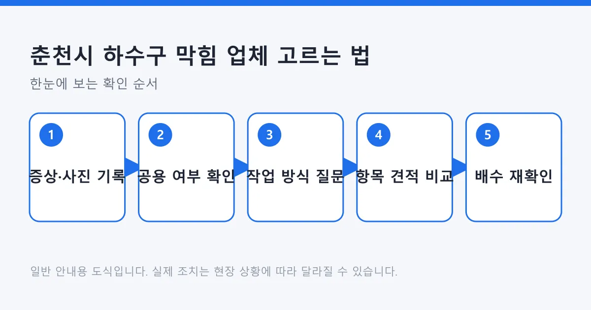 증상 기록에서 공용 배관 여부 확인, 작업 방식 질문, 항목별 견적 비교, 배수 재확인까지 업체 선택 순서를 보여 주는 도식