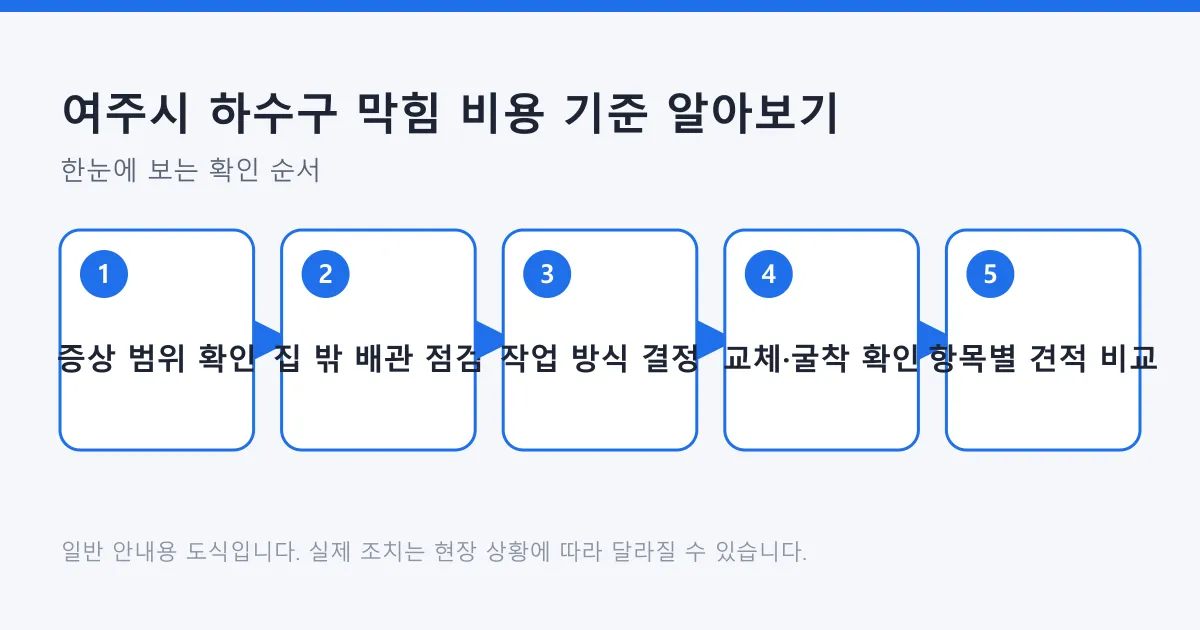 증상 확인부터 항목별 견적 비교까지 하수구 막힘 비용 확인 5단계를 나타낸 도식