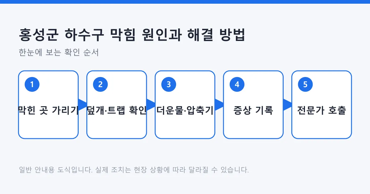 하수구 막힘을 막힌 위치 확인부터 전문가 호출까지 다섯 단계로 정리한 도식