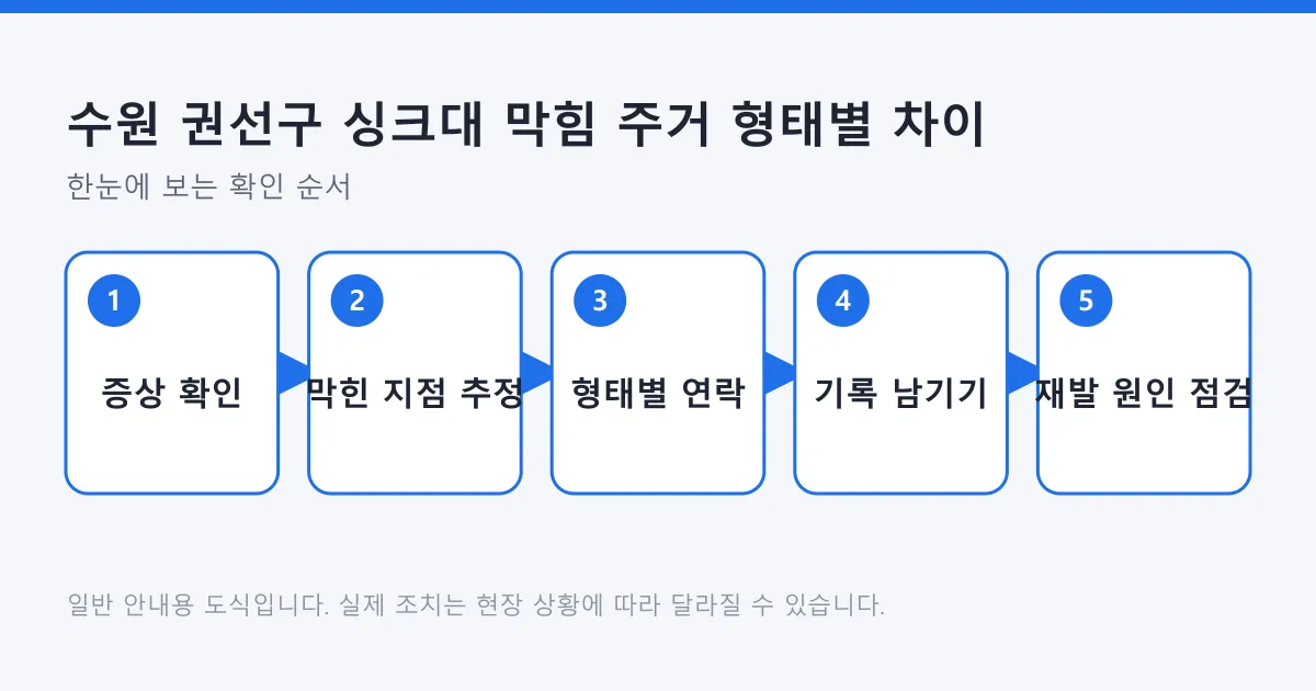 싱크대 막힘 증상으로 막힌 지점을 추정하고 주거 형태에 맞게 연락한 뒤 기록과 재발 원인까지 점검하는 다섯 단계 도식