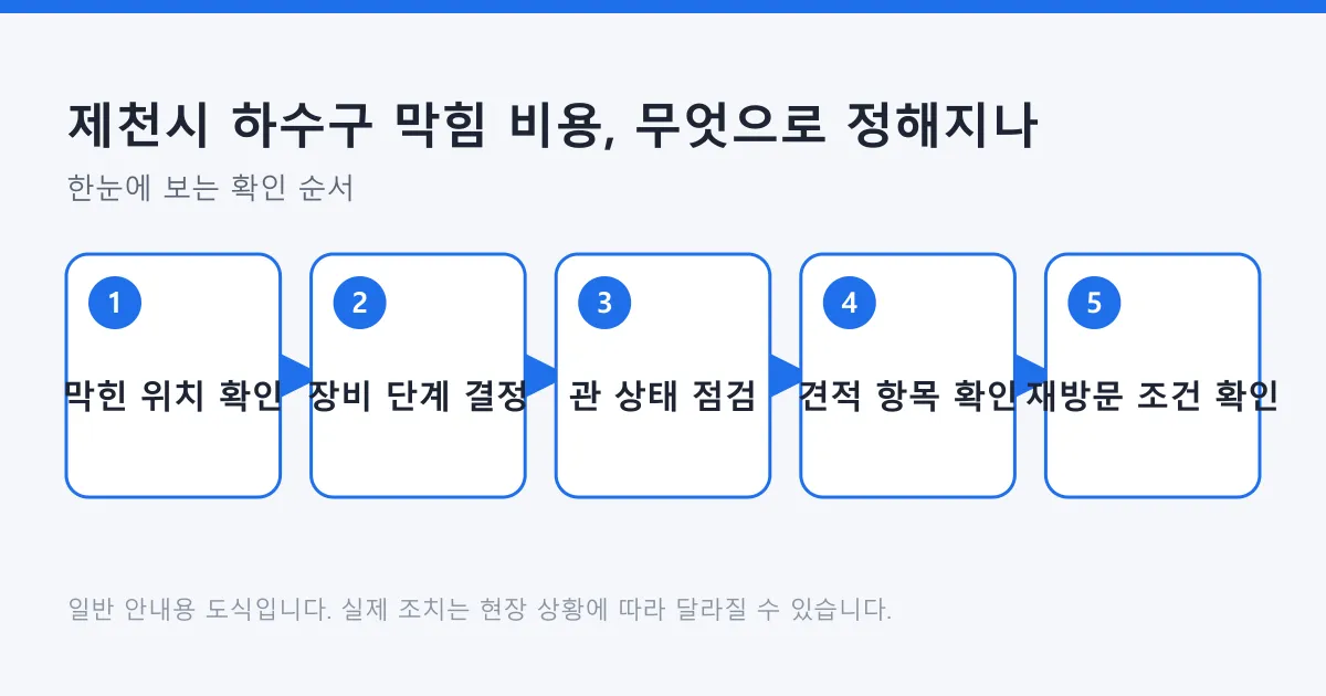 하수구 막힘 비용을 정하는 순서를 막힌 위치 확인부터 재방문 조건 확인까지 다섯 단계로 정리한 도식