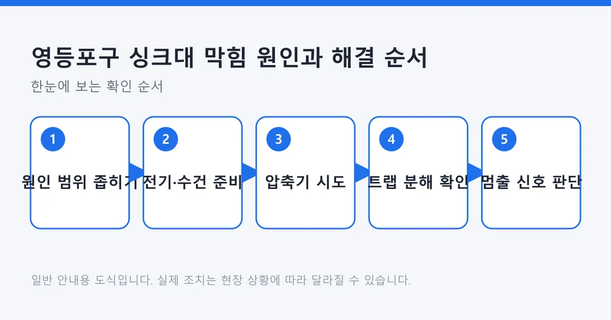 싱크대 막힘을 원인 확인부터 전문가 호출 판단까지 다섯 단계로 정리한 도식