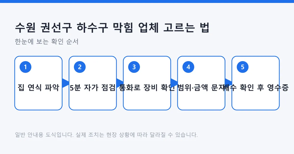집 연식 파악부터 작업 후 영수증 확보까지 하수구 막힘 업체 선택 다섯 단계를 보여 주는 도식