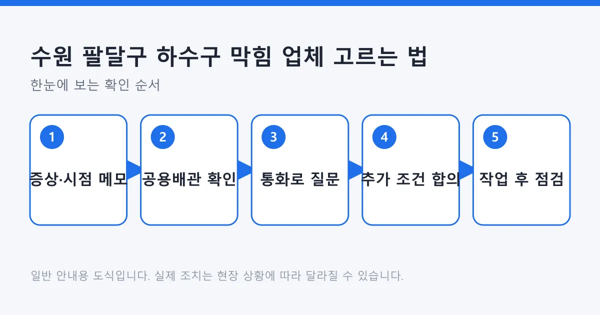하수구 막힘 업체를 고를 때 증상 메모부터 작업 후 점검까지의 다섯 단계를 보여 주는 도식.