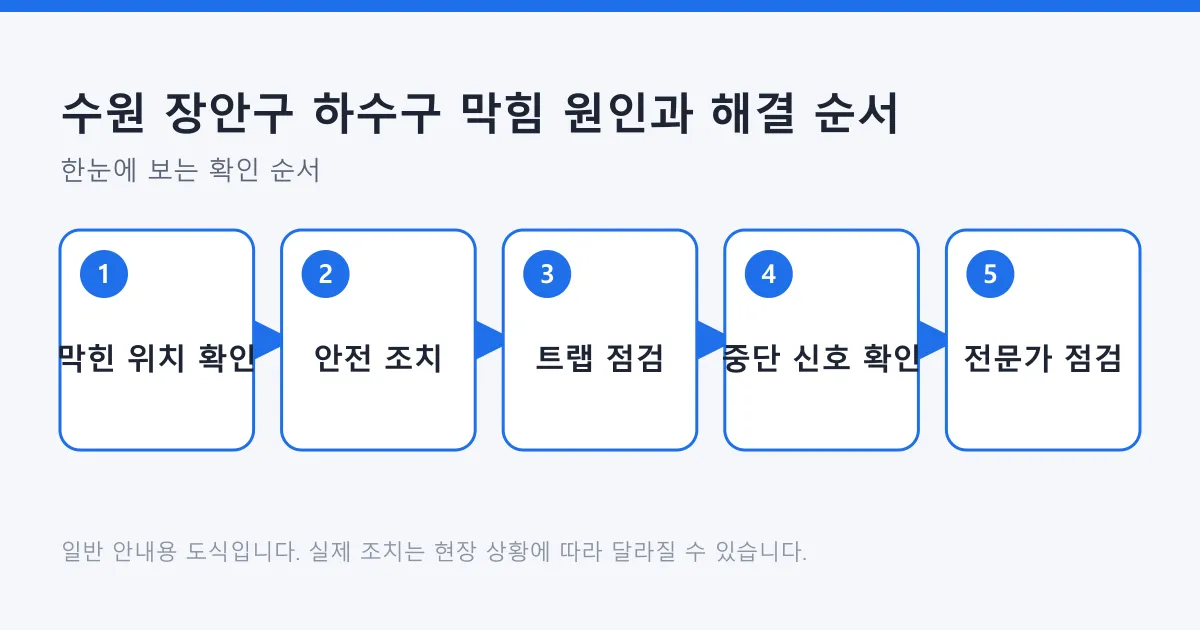 하수구 막힘을 위치 확인에서 안전 조치, 트랩 점검, 중단 신호 확인, 전문가 점검까지 순서대로 보여 주는 도식