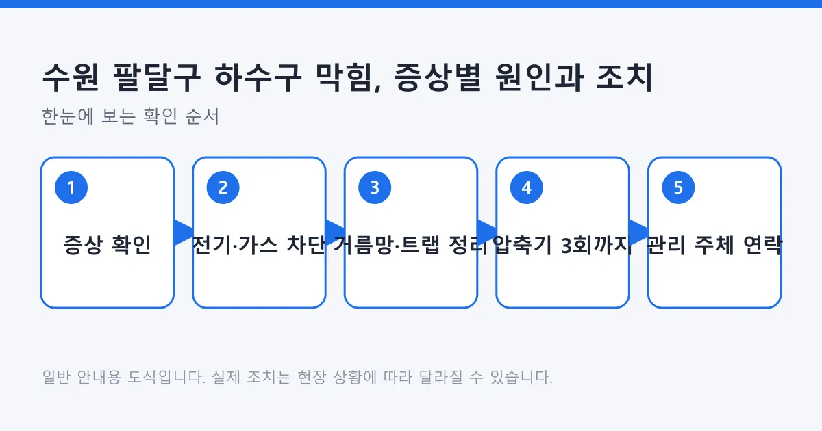 하수구 막힘 증상을 확인한 뒤 안전 조치와 연락까지 이어지는 다섯 단계 도식