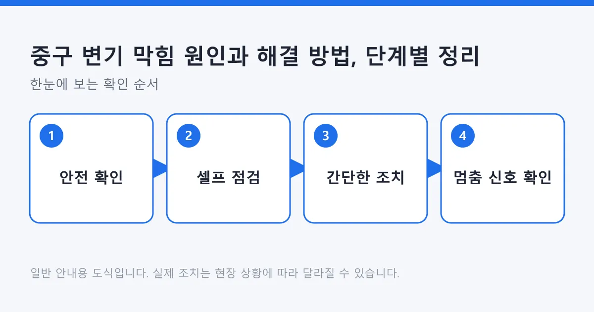 변기 막힘 대응 순서를 안전 확인, 셀프 점검, 간단한 조치, 전문가를 부를 신호 확인의 네 단계로 나타낸 도식입니다.
