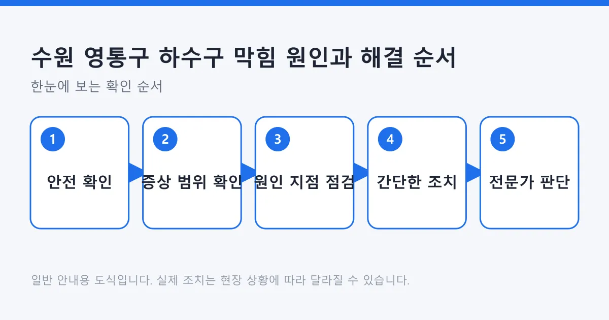 하수구 막힘을 안전 확인부터 전문가 판단까지 다섯 단계로 정리한 도식