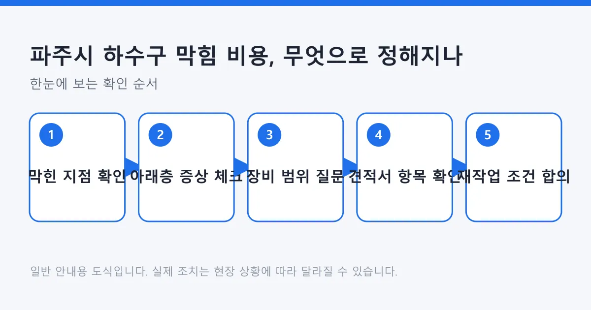 하수구 막힘 비용을 판단하는 순서를 막힌 지점 확인부터 재작업 조건 합의까지 다섯 단계로 정리한 도식