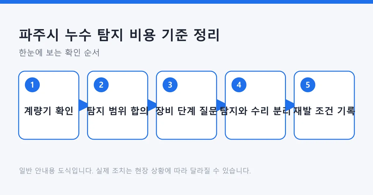 누수 탐지 견적을 받을 때 계량기 확인부터 재발 조건 기록까지 거치는 다섯 단계를 정리한 도식