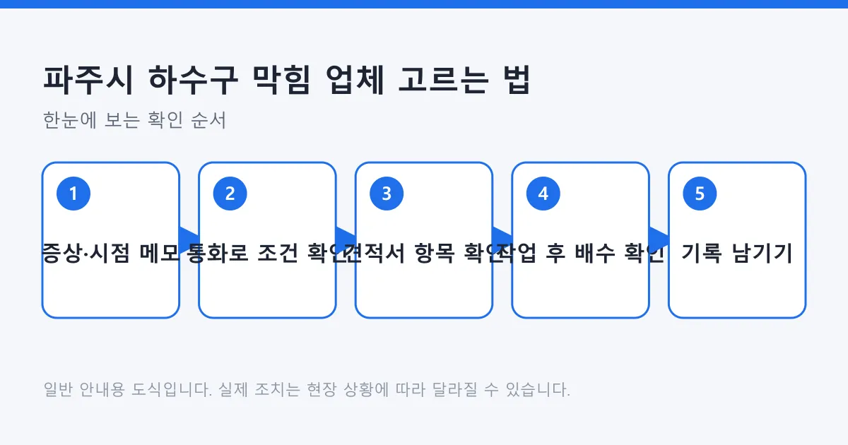 하수구 막힘 업체에 연락하기 전 메모부터 작업 후 기록까지의 다섯 단계를 정리한 도식