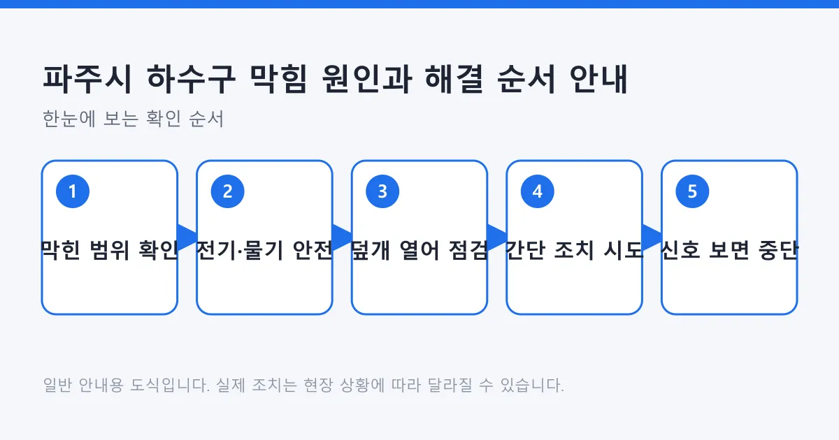하수구 막힘을 범위 확인과 안전 점검, 눈으로 보는 점검, 간단한 조치, 중단 신호 판단 순서로 정리한 다섯 단계 도식