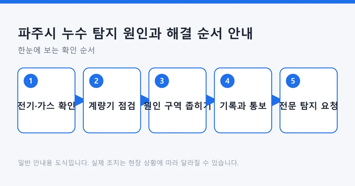 누수 의심 시 안전 확인에서 계량기 점검과 기록을 거쳐 전문 탐지로 넘어가는 다섯 단계 흐름도
