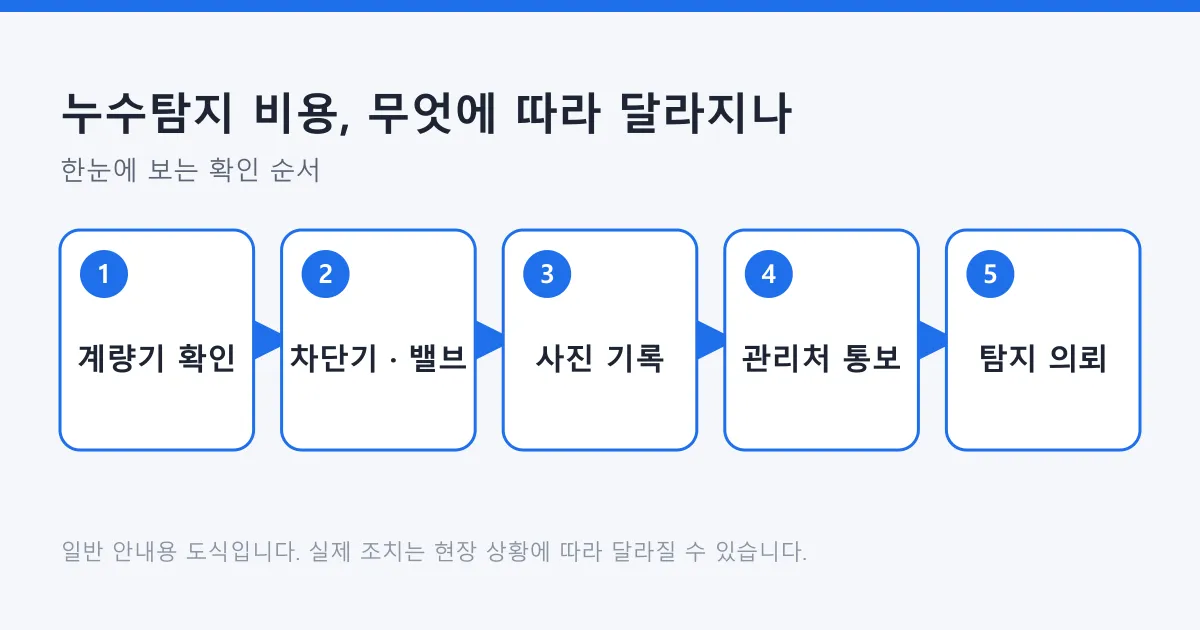 누수 발생 시 계량기 확인부터 전기 차단과 밸브 잠금, 사진 기록, 관리처 통보, 탐지 의뢰까지의 순서를 보여 주는 도식