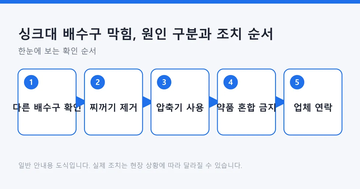 싱크대 배수구 막힘을 다른 배수구 확인부터 업체 연락까지 다섯 단계로 정리한 도식