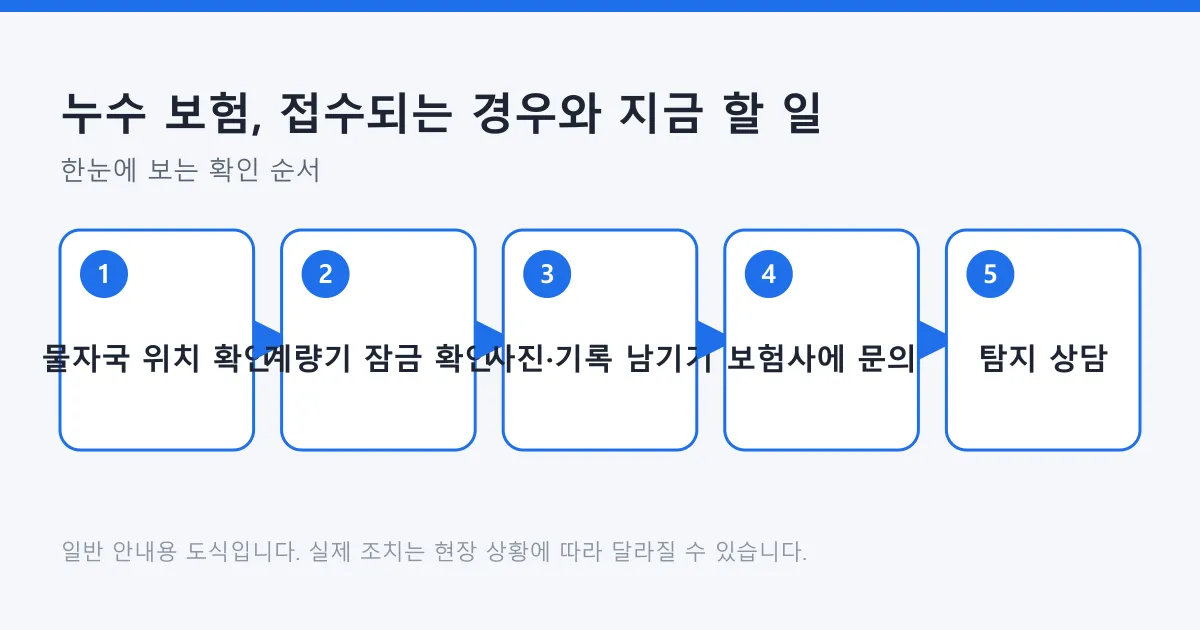 누수 원인을 집에서 확인하고 기록을 남긴 뒤 보험사 문의와 탐지 상담으로 이어지는 다섯 단계 흐름도