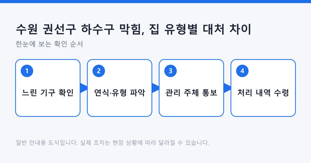 느려진 배수 기구 확인부터 집 연식과 유형 파악, 관리 주체 통보, 처리 내역 수령까지 이어지는 대처 순서를 나타낸 도식.