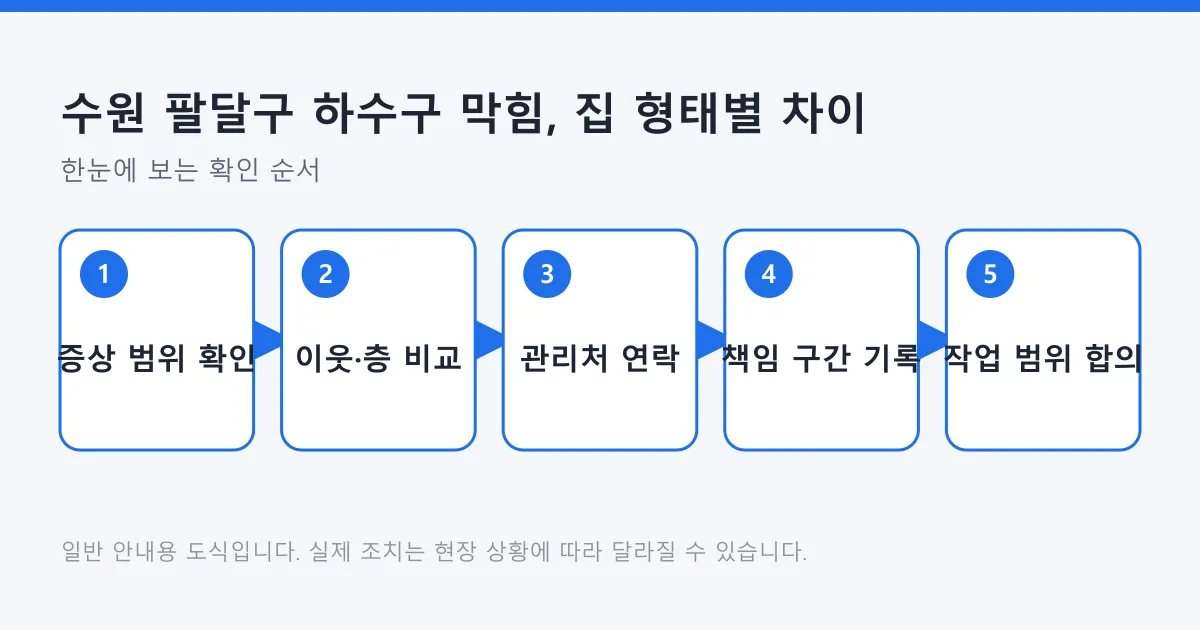 하수구 막힘 증상 범위 확인부터 책임 구간 기록과 작업 범위 합의까지 이어지는 다섯 단계 흐름도