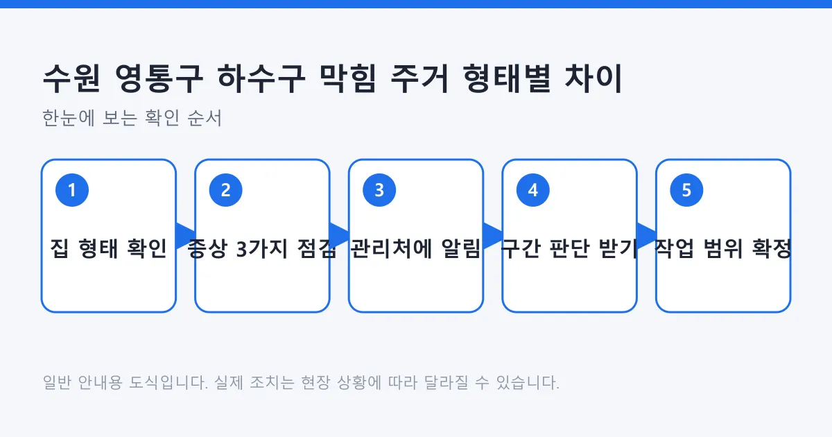 집 형태 확인에서 증상 점검, 관리처 연락, 구간 판단, 작업 범위 확정으로 이어지는 하수구 막힘 대응 다섯 단계 도식