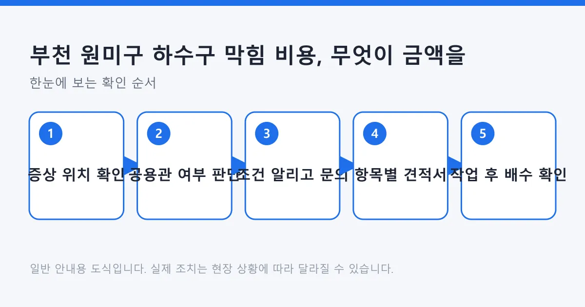 하수구 막힘 증상 확인부터 공용관 판단, 견적 문의, 견적서 확인, 작업 후 배수 점검까지의 다섯 단계를 나타낸 도식