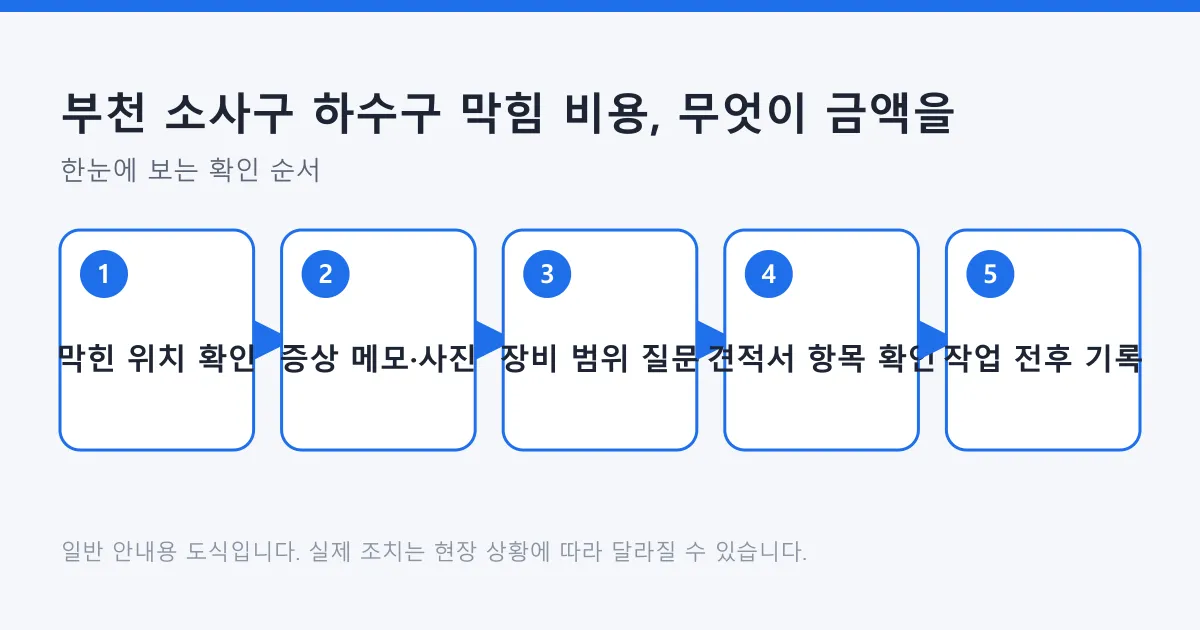 하수구 막힘 비용을 판단하기 위해 막힌 위치 확인부터 작업 전후 기록까지 거치는 다섯 단계를 정리한 도식
