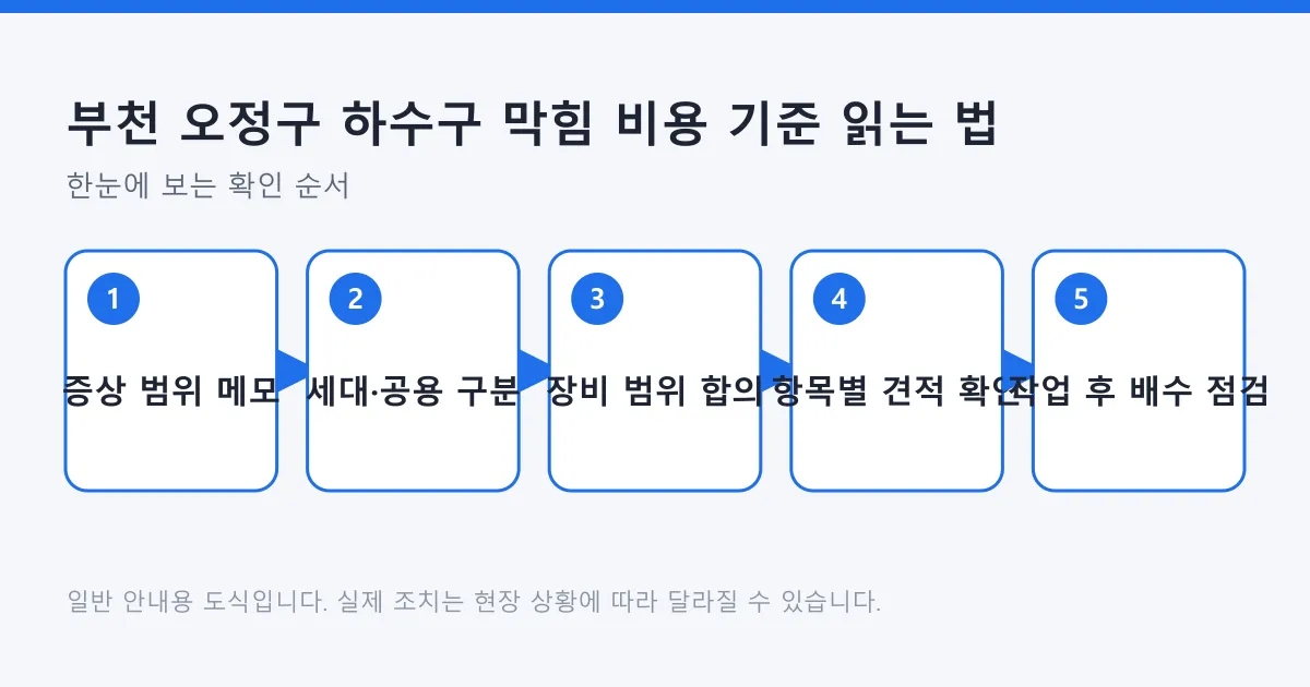 하수구 막힘 비용을 가늠하기 위해 증상 범위 메모부터 작업 후 배수 점검까지 이어지는 다섯 단계를 정리한 도식