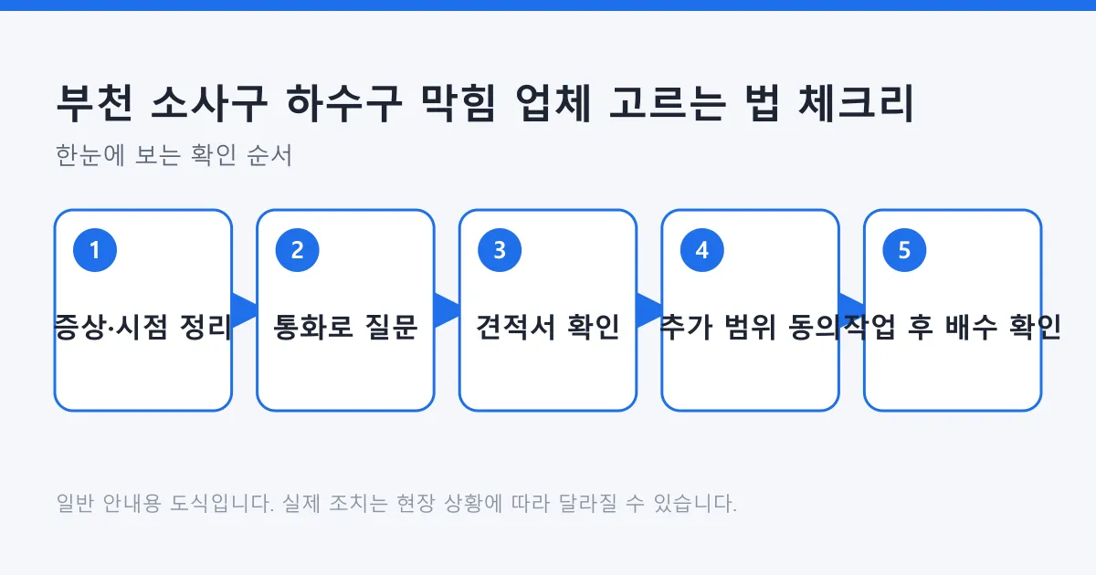 하수구 막힘 업체에 연락하기 전 증상 정리부터 작업 후 배수 확인까지의 다섯 단계를 나타낸 도식입니다.