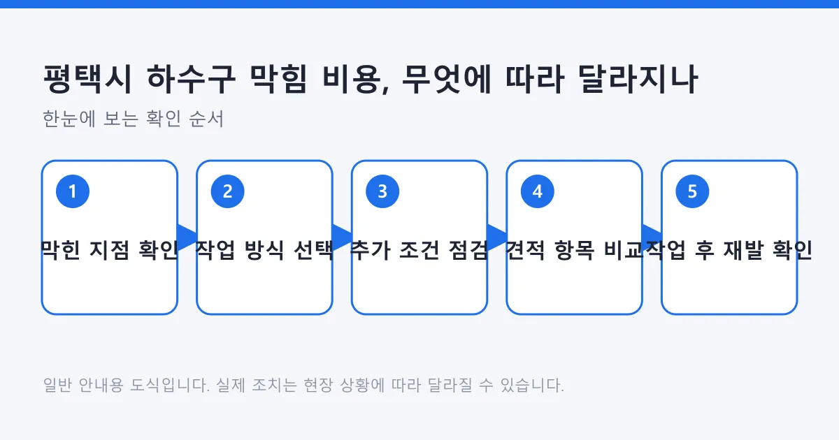 하수구 막힘 견적을 막힌 지점 확인부터 작업 후 재발 확인까지 다섯 단계로 정리한 도식