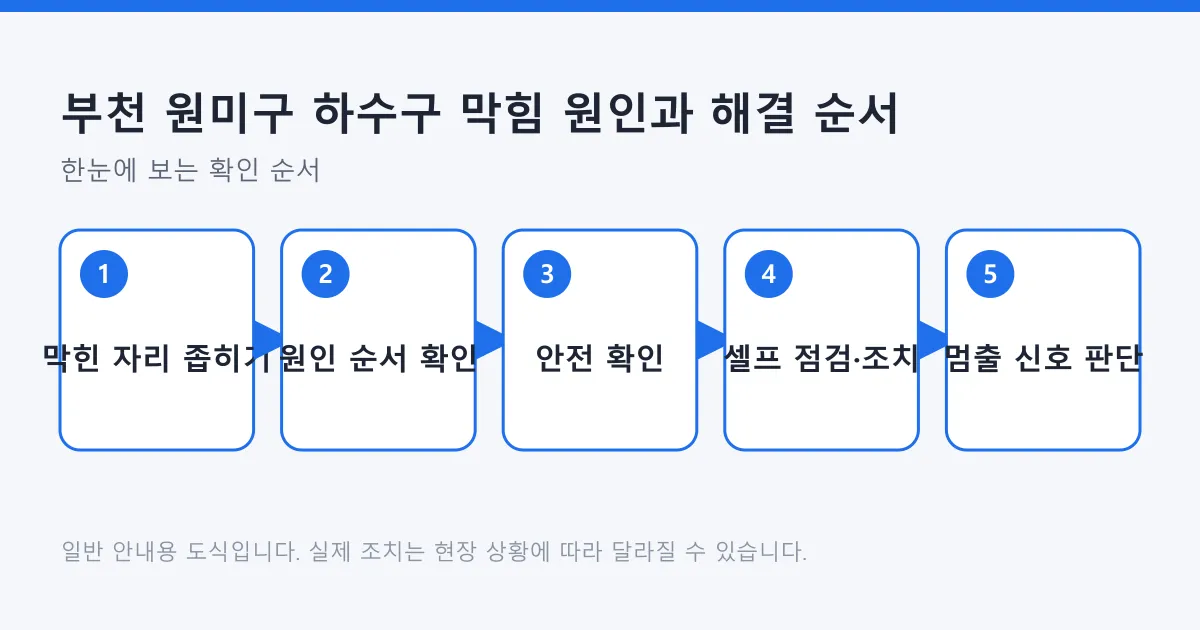 하수구 막힘 대응을 막힌 자리 확인부터 전문가 판단까지 다섯 단계로 정리한 도식.