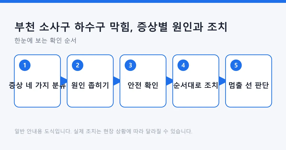 하수구 증상 분류부터 조치와 작업 중단 판단까지 다섯 단계로 정리한 도식.