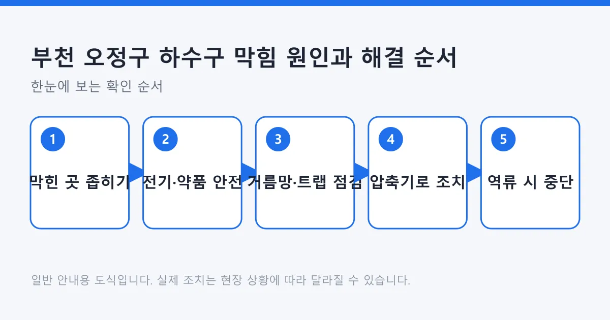 하수구 막힘을 범위 확인부터 안전 조치, 중단 신호까지 다섯 단계로 정리한 도식