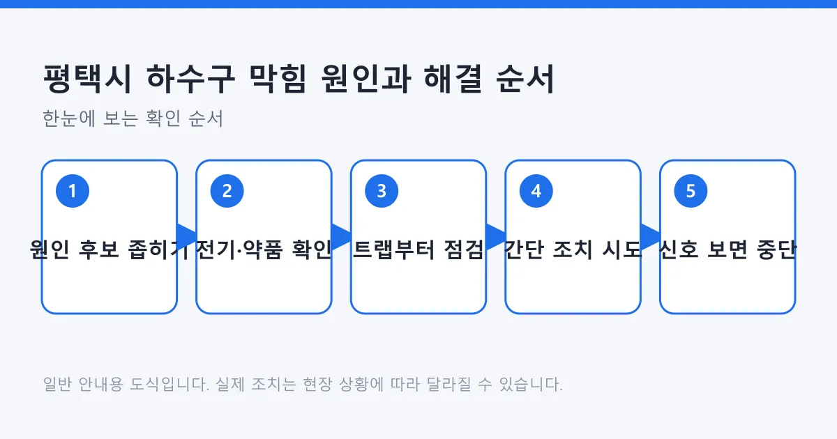 하수구 막힘 대응을 원인 좁히기부터 중단 신호 판단까지 다섯 단계로 정리한 도식