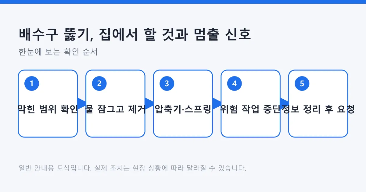 배수구 막힘 대응 순서를 막힌 범위 확인부터 전문가 요청까지 다섯 단계로 정리한 도식