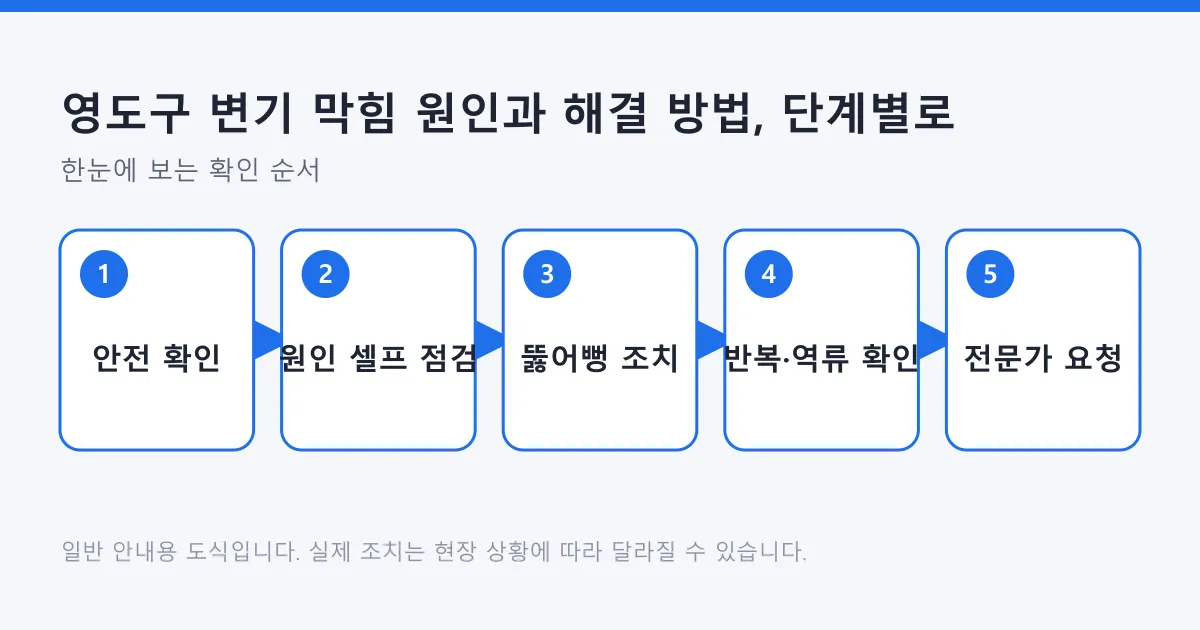 변기 막힘 시 안전 확인, 셀프 점검, 뚫어뻥 조치, 반복과 역류 확인, 전문가 요청 순서로 진행하는 단계 도식