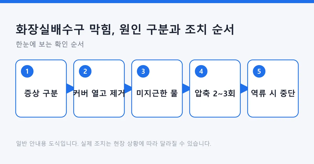 화장실 배수구 막힘을 증상 구분, 커버 분해와 이물 제거, 미지근한 물 붓기, 압축 시도, 역류 시 중단의 다섯 단계로 정리한 도식