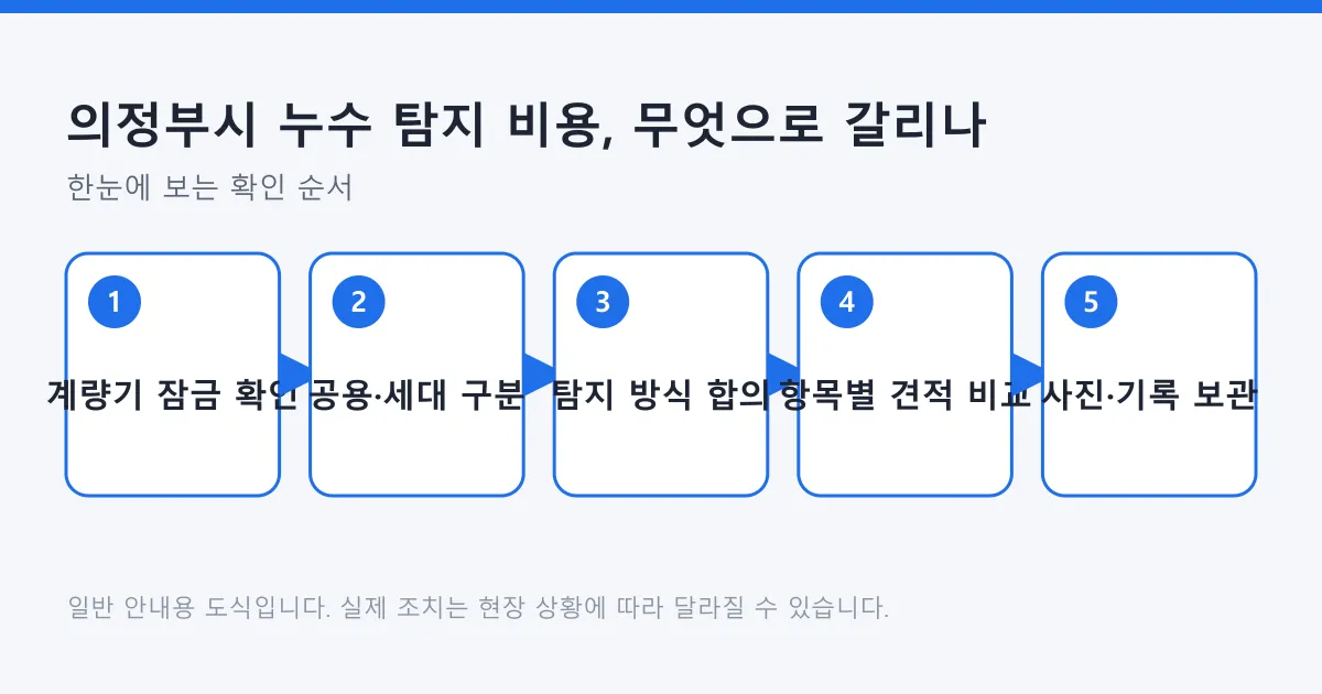누수 탐지 의뢰 전후 순서를 계량기 확인부터 기록 보관까지 다섯 단계로 정리한 도식