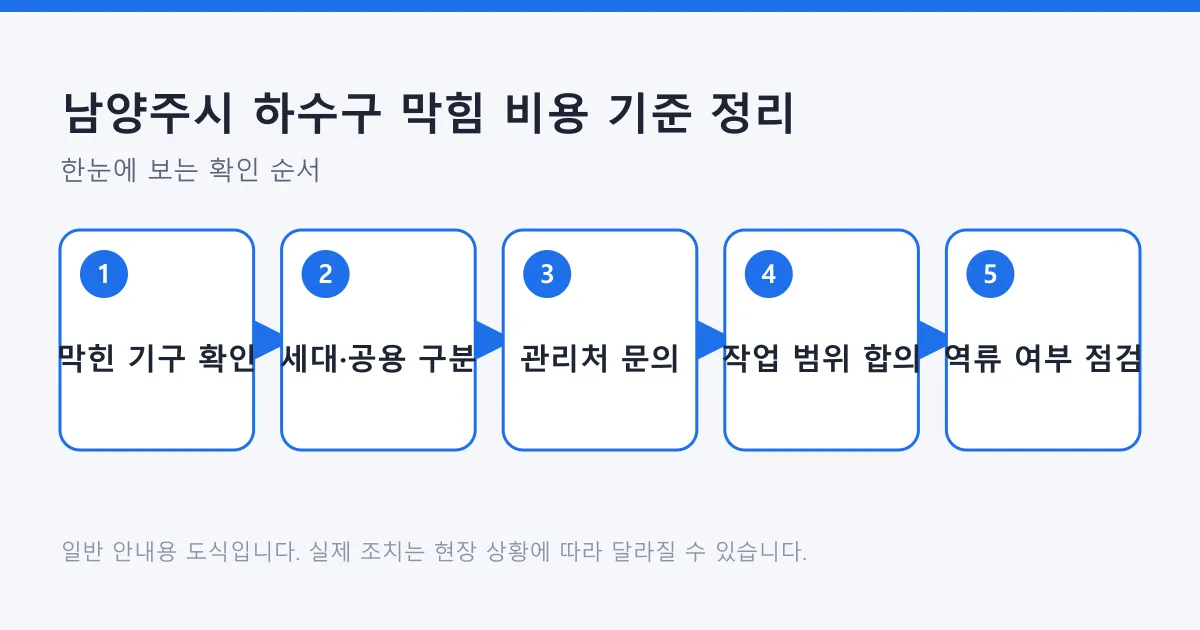 하수구 막힘 신고 전후 판단 순서를 막힌 기구 확인부터 작업 뒤 점검까지 다섯 단계로 나타낸 도식