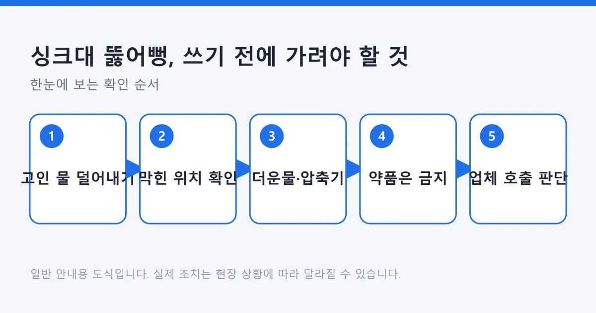 싱크대 막힘 대응 순서를 물 덜어내기부터 업체 호출 판단까지 다섯 단계로 정리한 도식