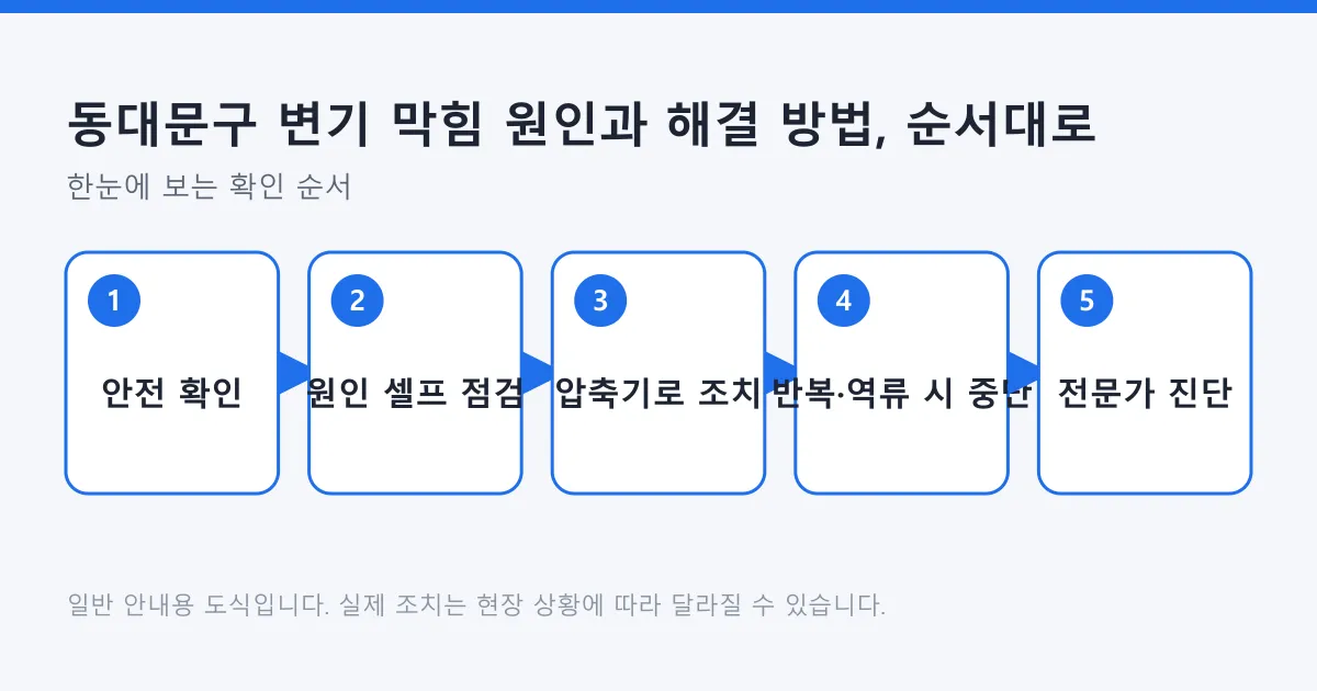 변기 막힘 시 안전 확인, 원인 셀프 점검, 압축기 조치, 반복이나 역류 시 중단, 전문가 진단 순서로 대응하는 과정을 보여 주는 도식