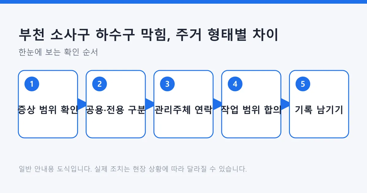 하수구 막힘 증상 범위를 확인해 공용관과 전용관을 구분하고 관리 주체에 연락해 작업 범위를 정하는 순서를 보여 주는 도식