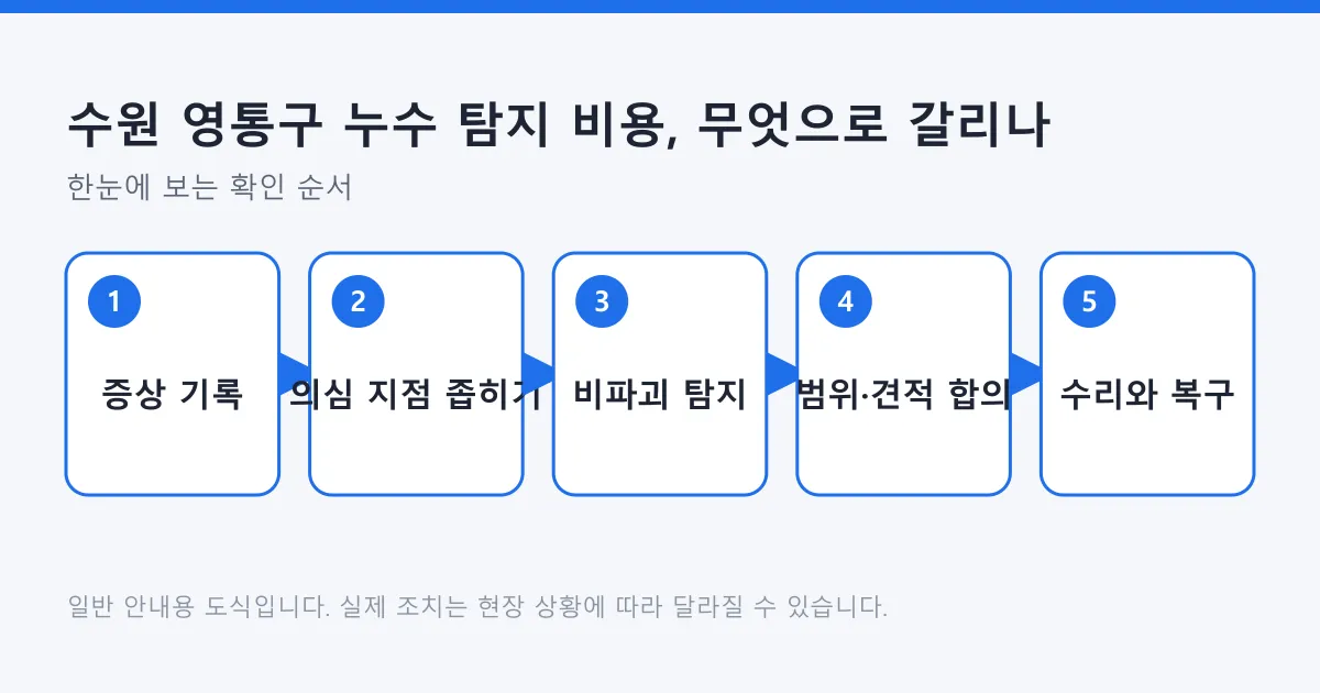 누수 증상 기록에서 의심 지점 확인, 비파괴 탐지, 견적 합의, 수리와 복구까지 이어지는 다섯 단계 흐름도
