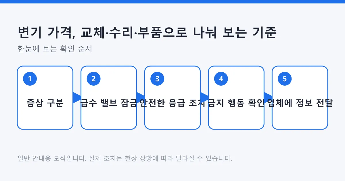 변기 증상을 구분하고 급수 밸브를 잠근 뒤 응급 조치와 금지 행동을 확인해 업체에 정보를 전달하는 다섯 단계 흐름도