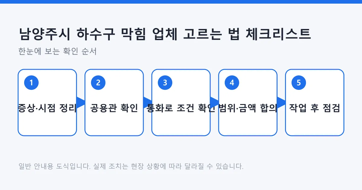 하수구 막힘 업체에 연락하기 전 증상 정리부터 작업 후 점검까지의 다섯 단계를 보여 주는 도식