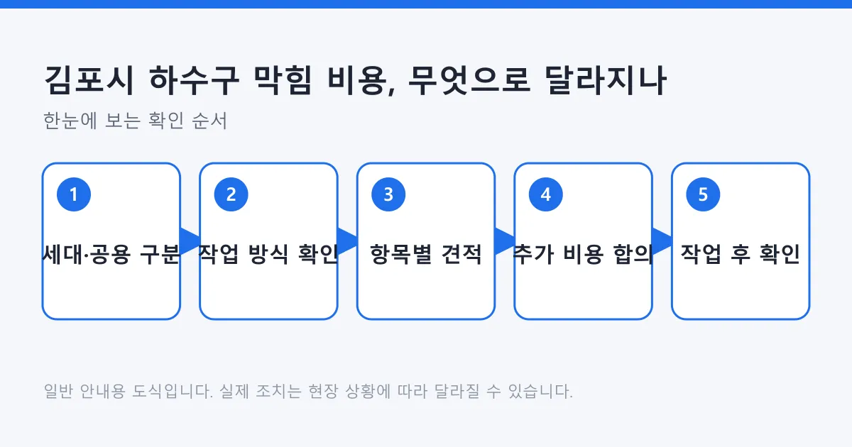 김포시 하수구 막힘 작업에서 비용을 확인하는 다섯 단계 순서를 정리한 도식.