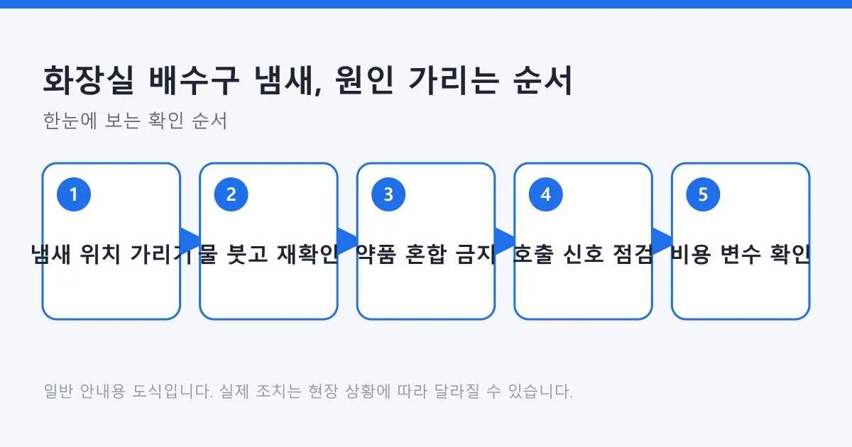 화장실 배수구 냄새의 출처를 집에서 확인하고 업체를 부를지 판단하는 다섯 단계를 정리한 도식.