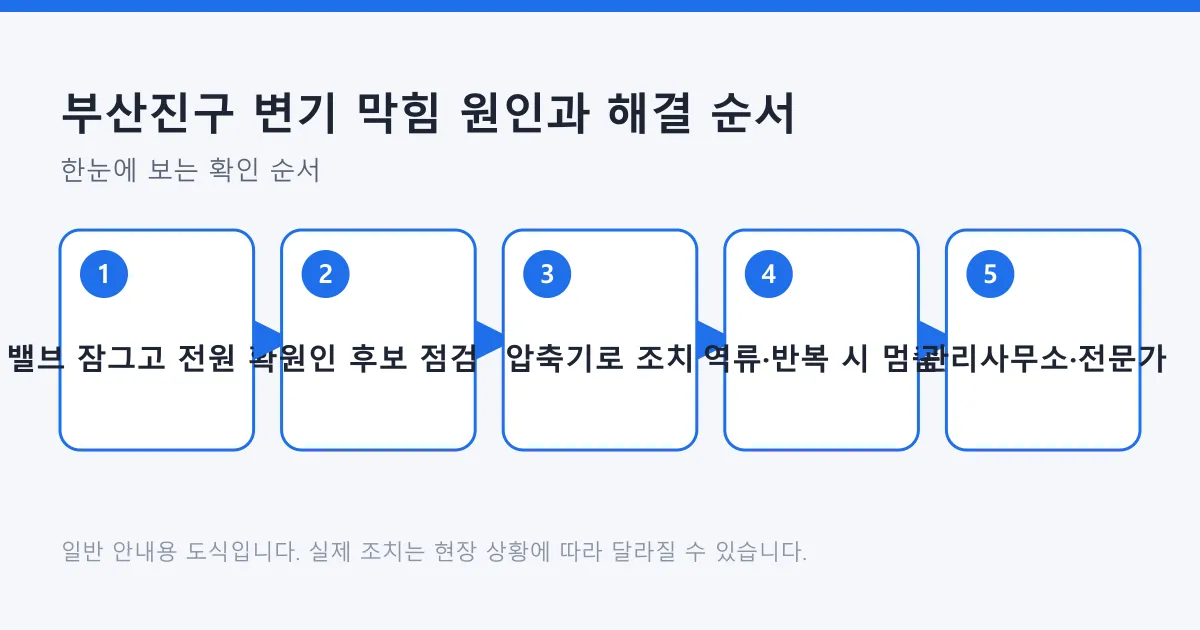 변기 막힘 시 안전 확인, 원인 점검, 압축기 조치, 중단 신호 확인, 관리사무소나 전문가 연락으로 이어지는 5단계 순서도