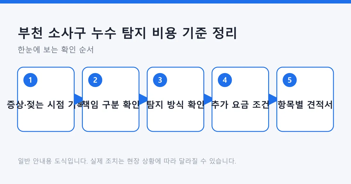 누수 증상 기록부터 책임 구분 확인, 탐지 방식 확인, 추가 요금 조건 확인, 항목별 견적서 받기까지의 순서를 보여주는 도식.