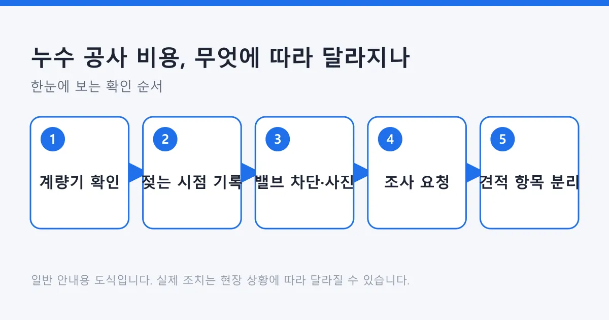 누수 의심 시 계량기 확인부터 견적 항목 분리까지의 다섯 단계를 순서대로 보여 주는 도식