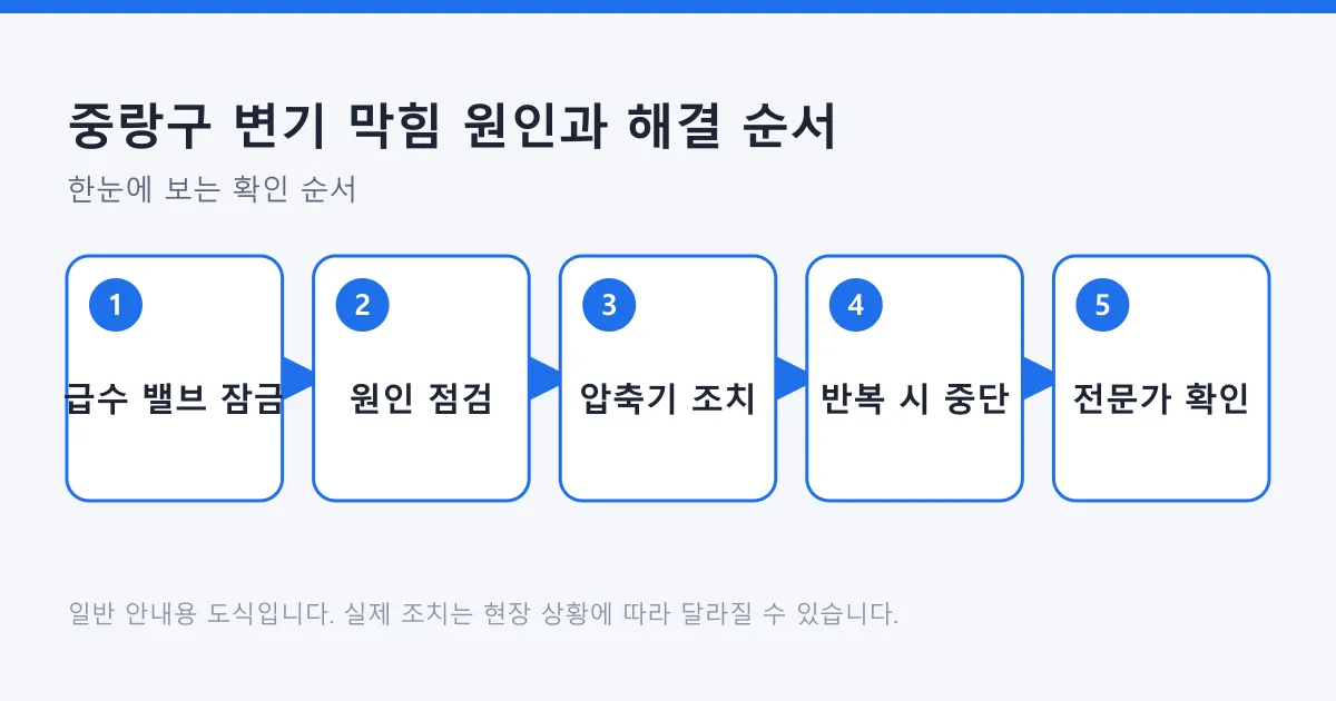 변기 막힘 시 급수 밸브를 잠그고 원인을 점검한 뒤 압축기로 조치하고, 해결되지 않으면 멈추고 전문가에게 확인받는 순서를 나타낸 도식입니다.