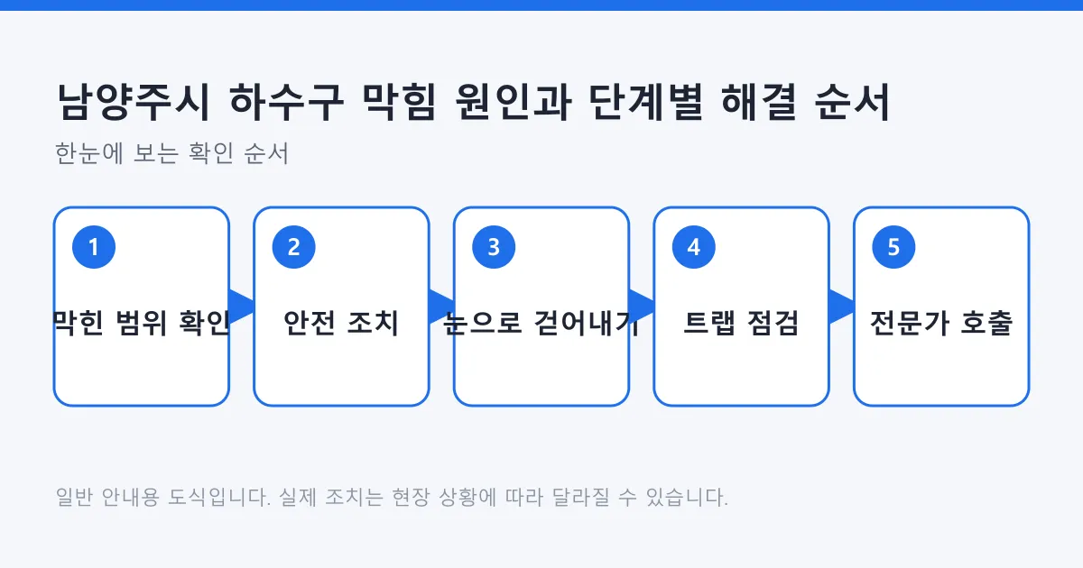 하수구 막힘을 범위 확인과 안전 조치에서 시작해 트랩 점검과 전문가 호출 판단까지 다섯 단계로 정리한 도식